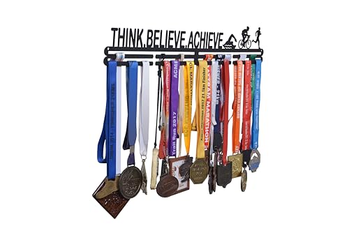 Image of Medal Hanger - Black Metal Wall Medal Holder (56 cm) | Think Believe Achieve | Medal Display for 40+ Medals | Running, Swimming, Cycling, Triathlon