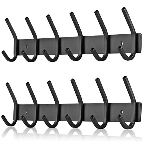 JOLY FANG Wall-Mounted Coat Rack, Stainless Steel Coat Hooks for Bedroom Bathroom, Kitchen (6-Hooks, 2 Pieces, Black)