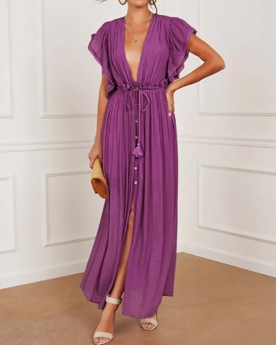 Image of R.Vivimos Maxi Dresses for Women 2026 Summer Short Sleeve V Neck Drawstring Tie Boho Loose Flowy Long Dresses with Pockets