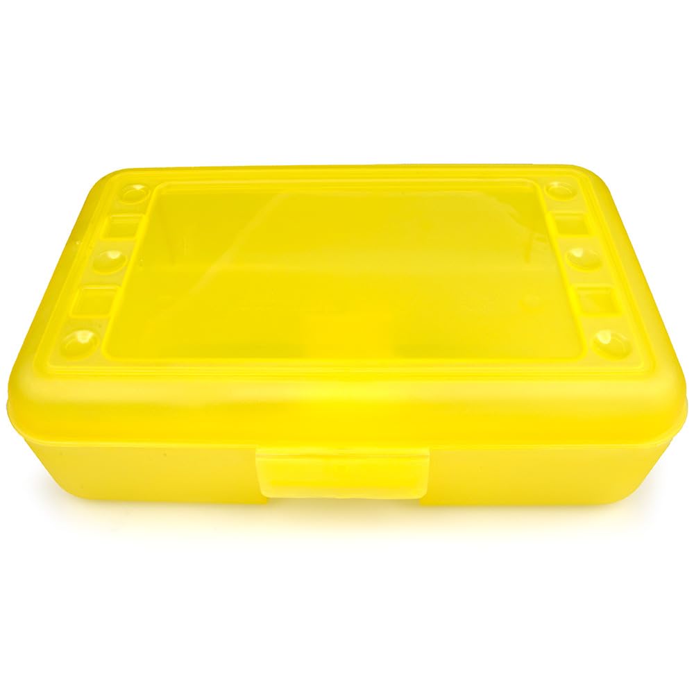 Boîte à crayons sur le bureau moderne avec cette boîte utilitaire jaune