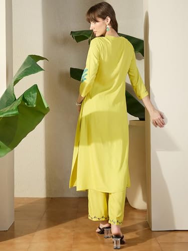 Image of INDO ERA Women's Viscose Rayon Animal Embroidered A-Line Calf Length Kurta & Palazzo Set (IESTR12072)