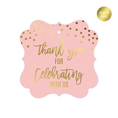Andaz Press Blush Pink and Metallic Gold Confetti Polka Dots Baby Shower Party Collection, Fancy Frame Gift Tags, Thank You for Celebrating with US, 24-Pack