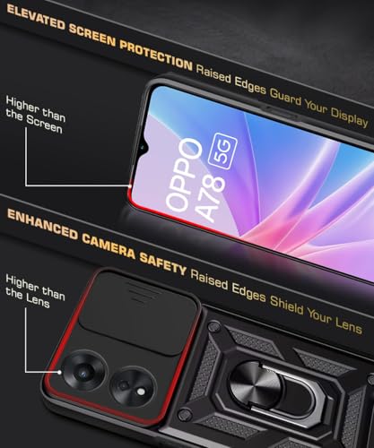 Image of WOW IMAGINE Tough Armor Bumper Mobile Back Case for Oppo A78 5G | Sliding Camera Shield Cover | Shock Proof 360 Protection | Hybrid PC + TPU | Ring Holder with Kickstand - Black