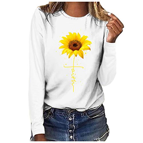 POPLY Women's Sunflower Letter Printed T-Shirt Tops Casual Long Sleeve O-Neck Tunics Pullover for Spring Fall ?White,M?
