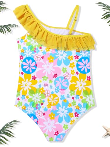 Girls One-Piece Swimsuits with Mesh Skirt Floral Ruffle One Shoulder Bathing Suit Swimwear 5-12Y4