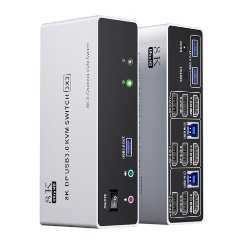 HDMI Dispalyport KVM Switch 3 Monitors 2 Computers 8K@30Hz 4K@120Hz, HDMI Dispalyport Triple Monitor KVM Switches with 3 USB3.0 Port for USB Devices, Support Extended/Mirror Mode