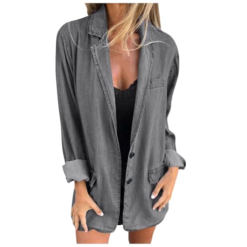KonJim Blazer da donna oversize in denim giacche da lavoro con risvolto dentellato un bottone giacche casual a maniche lunghe aperto davanti jeans cardigan plus size cappotti primaverili leggeri abiti