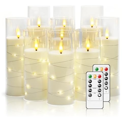 Nimiko Flickering Flameless LED Candles,Battery Operated Candles 9 Pcs with Embedded Star String,Acrylic LED Pillar Candles with Remote,Suitable for Home Decoration to Create an Atmosphere（White） Cover