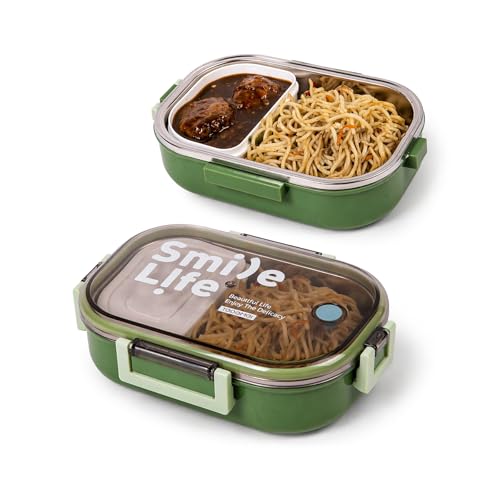 Image of WISHKEY Stainless Steel Lunch Box with Plastic Condiment Box for Kids & Adults, Leak Proof Air Tight Food Storage Container With Vent Hole, Tiffin Box Set for School & Office, 710 ml(Pack of 1, Green)