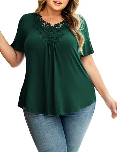 Tralilbee Women's Plus Size Tops Casual Blouse Short Sleeve Lace Crochet Tunic Tops, M-4XL3