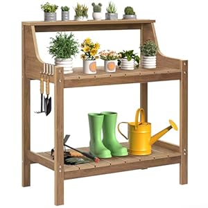 Potting Bench Table, HDPS Potting Bench with 4 Side Hooks, All-Weather Garden Table Work Station, Outdoor Potting Table for Porch, No Rust, No Fade, No Break, 360lbs Capacity (Teak, Large) Potting Bench Table HDPS Potting Bench with 4 Side Hooks All Weather Garden Table Work Station Outdoor Potting Table for Porch No Rust No Fade No Break 360lbs Capacity Teak Large
