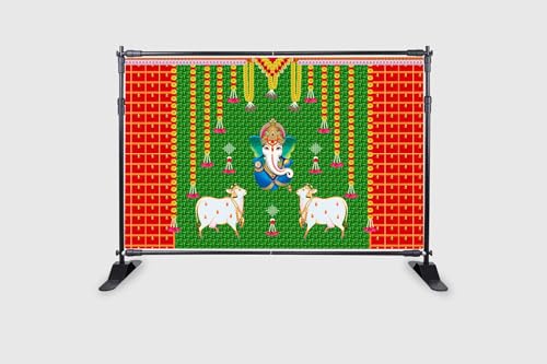 Image of Marigold Flower with Cows and Ganesh ji Design Backdrop Cloth for Pooja Decoration Traditional Background Curtain Cloth for Festival Size 5 Feet Height and 8 Feet Width(5 * 8)