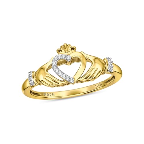 1/20cttw Claddagh Ring for Women in Yellow Gold-Plated, Rose Gold-Plated or 925 Sterling Silver, Women's Love,Friendship and Loyalty Ring with Diamond Accent, Women's Irish Wedding,Y9.5