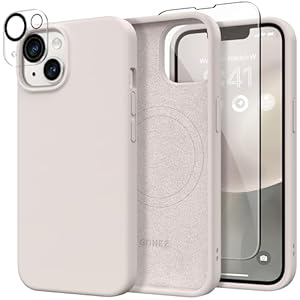 GONEZ Magnetic for iPhone 14 Case, Compatible with Magsafe, with Screen Protector + Camera Protector, Anti-Scratch Microfiber Lining, Liquid Silicone Shockproof Protective Phone Case, Stone