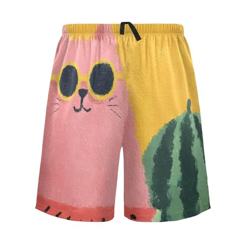 Mens Sleep Shorts Abstract Cat Watermelon, Pajama Pants Sleepwear with Pockets S
