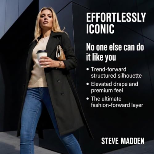 Image of Steve Madden Trench Coat for Women - Double-Breasted Long Winter Faux Wool Coat