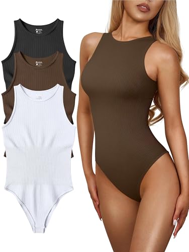 Image of OQQ Women's 3 Piece Bodysuits Sexy Ribbed One Piece Sleeveless Halter Neck Tops Leotard Summer Trendy