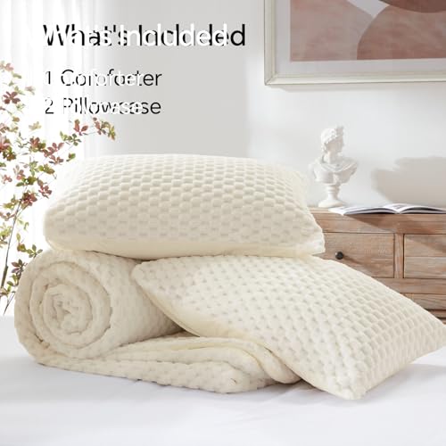 Image of BEDELITE Fluffy Full Size Comforter Set - Cream Fleece Soft Comforter for Full Size Bed, Luxury Warm Bedding Set for Winter, Fuzzy Bed Set 3 Pieces (1 Comforter, 2 Pillowcases)