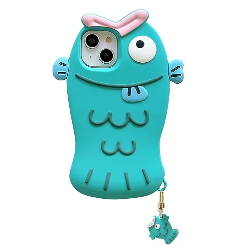 QoKcoahn Funda para iPhone 15 Kawaii de Dibujos Animados en 3D, Bonita y Divertida Funda de pez Azul con Llavero, Goma de Silicona Suave, a Prueba de Golpes