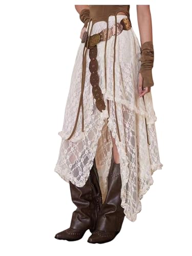 Floerns Women's Western Lace Long Skirt Asymmetrical Ruffle Trim Maxi Skirt Without Belt