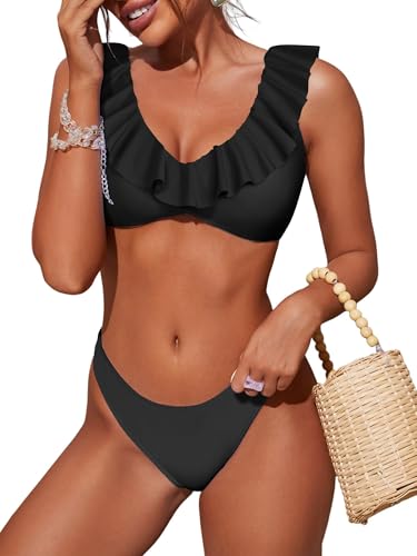 ZAFUL Ruffle Bikinis for Women Scoop Neck Swimsuits Lace Up Bikini Sets Padded Swimwear High Cut 2 Piece Bathing Suits