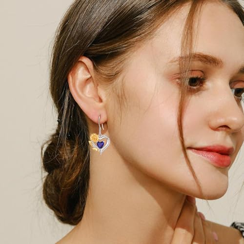 AENEAS Sunflower Birthstone Earrings for Women Sterling Silver Sunflower Heart Dangle Drop Earrings Flower Jewelry for Mom Wife Her4