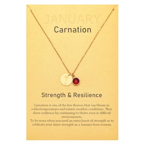 SWNXMG Dainty January Birth Flower Carnation Created-garnet Birthstone Necklace for Women Birthday Gifts,14k Gold Plated Personalized Floral Jewelry Gift for Her