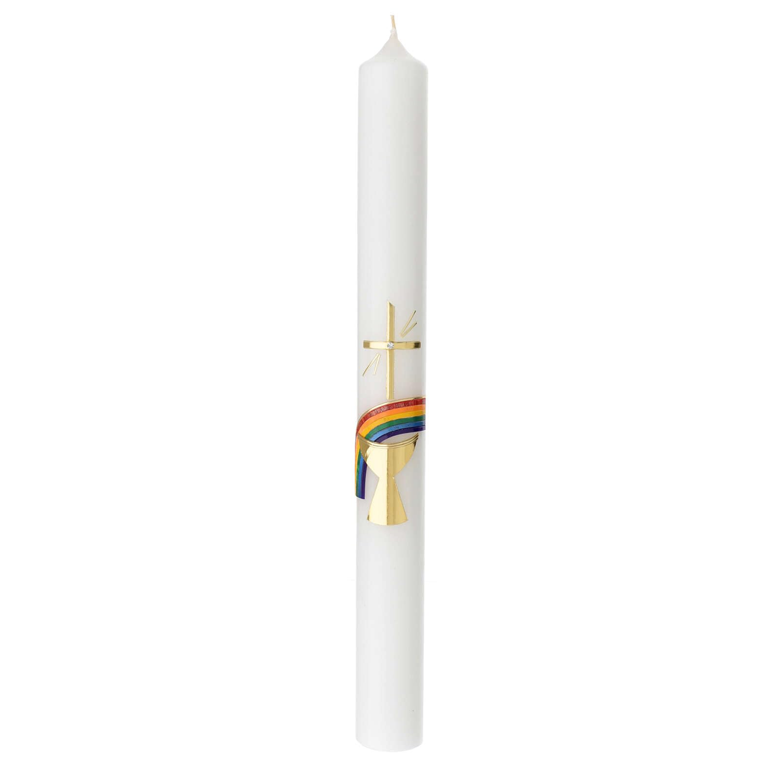 Communion Candle with Gold Cross and Rainbow 40x4 cm