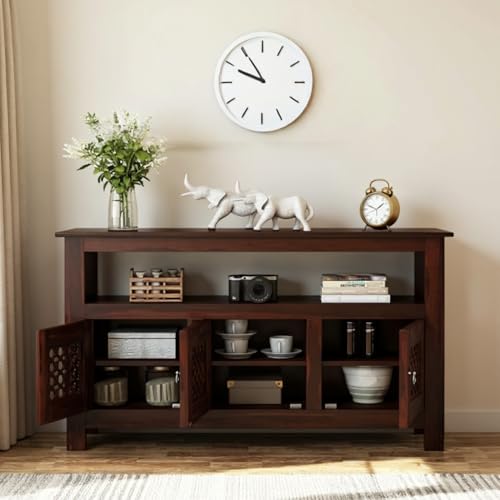 Image of Amazon Brand - Solimo Solid Sheesham Wood Jharokha Sideboard Cabinet with 3 Doors & 1 Open Shelf | Multipurpose Wooden Storage Organizer for Bedroom, Living Room, Kitchen Home & Office (Walnut Finish)