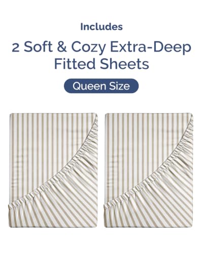 Image of CGK Linens 2 Pack Extra Deep Queen Fitted Sheets - Beige Stripes