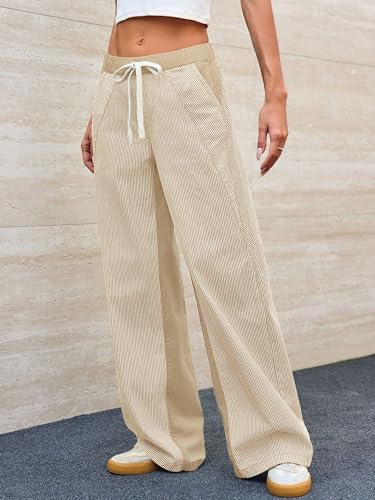 Image of PEIHOT Low Rise Striped Pants for Women Pull On Drawstring Boho Wide Leg Jeans Trendy 2026