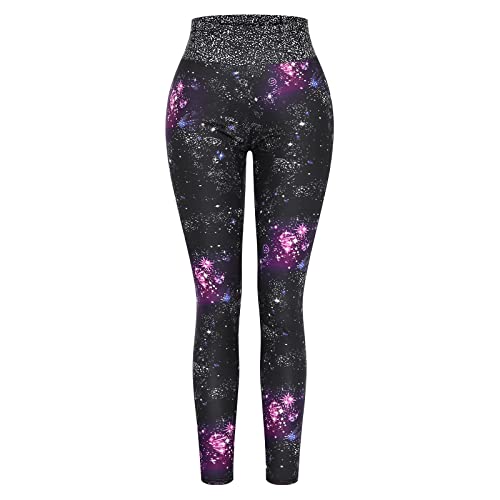 Women's Casual Seamless Tighted Jogger Pants Buttery Super Soft Stretch Comfy Athletic Sweatpants Galaxy Star Print Trousers Black