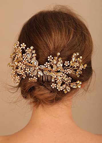 Peine para boda Denifery Gold con cristales y flores miniatura 2
