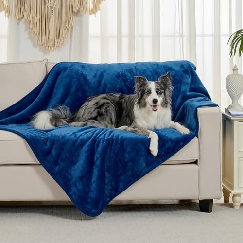 Waterproof Blanket for Bed Couch Sofa, Soft Liquid Pee Proof Pet Blanket for Dog Puppy Cat, Reversible Sherpa Fleece Blanket for Furniture Protector (Navy Blue, 152x203cm)