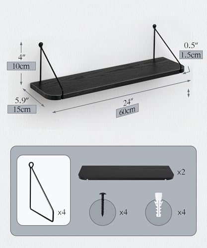 SUMGAR Black Floating Shelves for Wall Shelf Unit 60cm Long for Bedroom Bathroom Kitchen Wood Storage Organiser Modern Decorations Display for Living Room Office Home Rack Set of 2 - Image 3