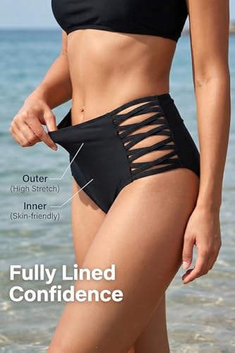 Image of Holipick Women High Waisted Bikini Bottoms Tummy Control Swimsuit Bottoms Strappy Swim Bottom