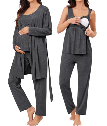 Image of SWOMOG Maternity Nursing Robe Set 3 Piece Breastfeeding Pajamas 3 in 1 Labor Delivery Sleevless Tops&Long Pants Pregnancy Pjs