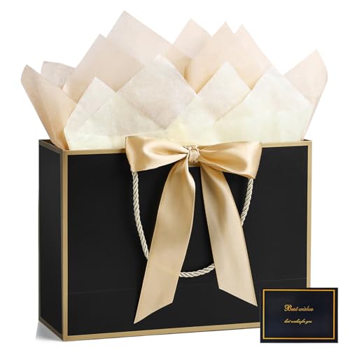 Image of JMANNI Gift Bags with Handles, 13 inch Medium Gift Bag for Presents, 1 Pcs Bags with 2 Tissue Paper and 1 Cards for Graduation Baby Shower Wedding Fathers Day Mother's Day Birthday Party (Golden-Black)