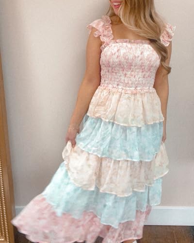 Image of Y2k Patchwork Floral Maxi Dress Boho Flowy Ruffle Tiered Summer Dress Cute Beach Smocked Long Sundresses for Women