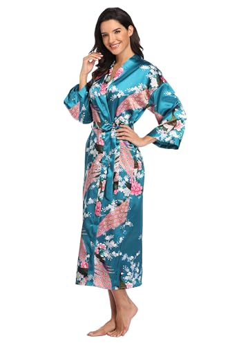 Vogue Bridal Womens Silky Kimono Long Robes with Peacock and Blossoms Pure Color Satin Robe for Women, Floral Molv, Medium - Thumbnail 3