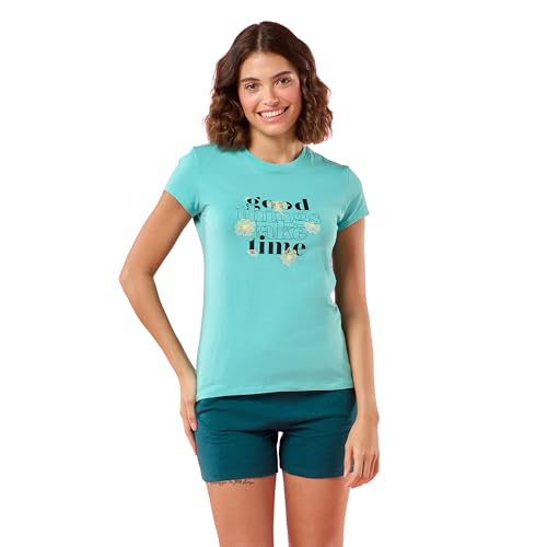 Enamor Camiseta básica de manga corta con cuello redondo y longitud regular, ajuste delgado, algodón elástico suave y transpirable, E147, Poolblue Good Things, 38