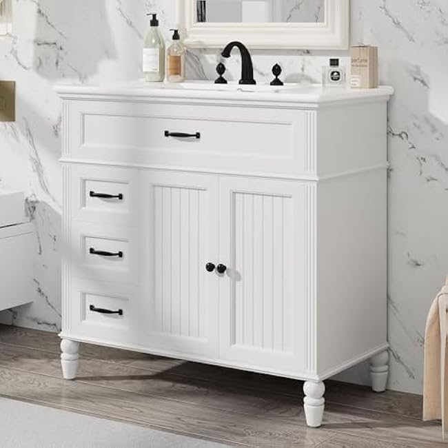 Bathroom Vanity Set, 36 Bathroom Vanity with Resin Sink Combo, Solid Wood Frame Bathroom Storage Cabinet with 5 Drawers & Soft Closing Doors, MDF Boards, Gold Metal Knobs