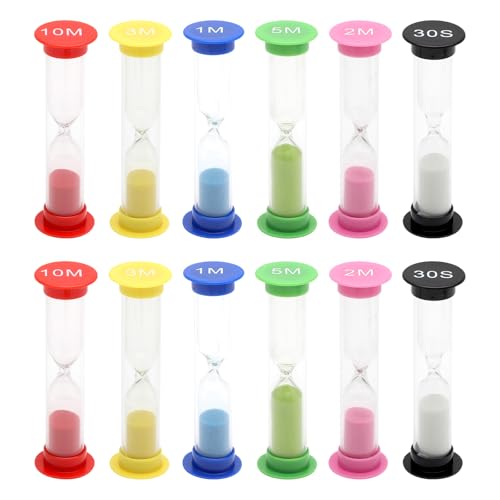 DAWRIS 12 Pcs Sand Timer, 6 Colors Hourglass for Teeth, Toothbrush Timer Shower Colorful Sandglass Sand Clock 30s, 1 min, 2, 3, 5 and 10 mins for Game Classroom Home Office Cooking