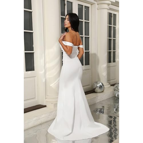 Image of White Long Women's Sleeveless Formal Dresses Wrap Gowns Evening with Slit Elegant V Neck Sexy Cocktail Dresses