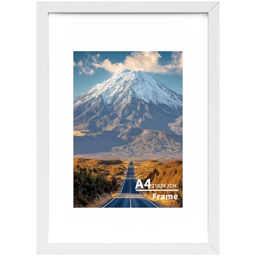 A4 Frame A4 Wooden Picture Frame Wall Mount or Tabletop 21x 29.7CM Poster Frame Photo Frames with Acrylic Glass (Not Glass) Landscape or Portrait A4 White Frames with A5 Mount 1 Pack