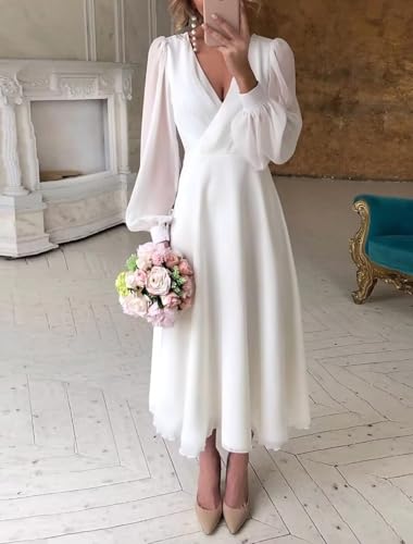 Womens Long Sleeve Tea Length Wedding Dresses for Bride Chiffon V Neck A Line Bridal Party Dress3