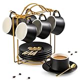 YHOSSEUN Ceramic Espresso Cups Set of 6, 4 Oz Expresso Shots Cup with Stand, Saucers & Spoons, Small Coffee Espresso Cup Demitasse Cups, Black