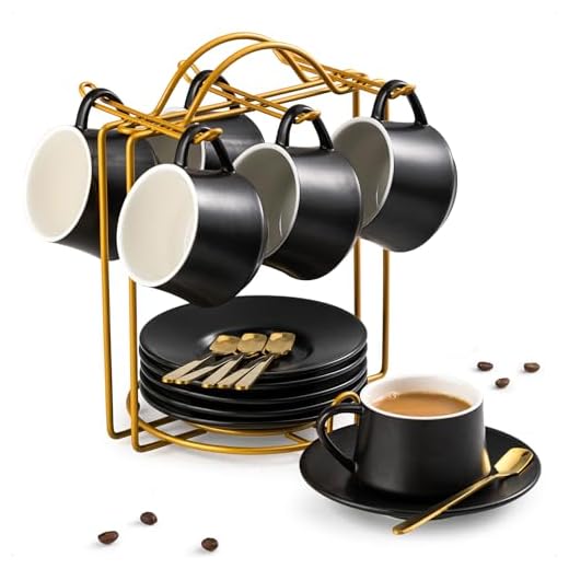 YHOSSEUN Coffee Cup Set Espresso Cups with Saucers Set with Cup Holder 4 oz Espresso Cup Set of 6 - Demitasse Cups Black