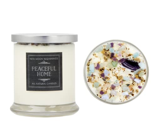Peaceful Home® Candle by New Moon Beginnings - Stress Relief Candle - Energy clearing - All Natural Essential Oil Soy Candle - Crystal Candles (Peaceful Home, 12oz Glass Jar)