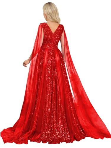 Sequin Prom Dresses with Cape Ball Gowns Tulle V Neck Formal Evening Dresses Sparkly Wedding Party Dress2